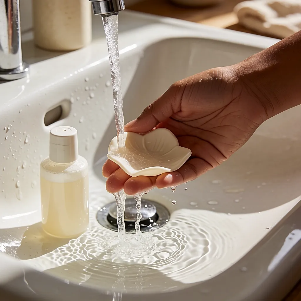 Une main rince un cache-tétons en silicone à l'eau tiède sous le robinet