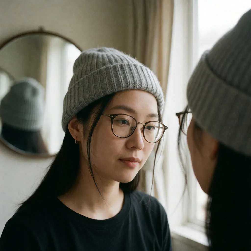 Joven asiática ajustándose un gorro de lana frente al espejo, con gafas y pendientes visibles