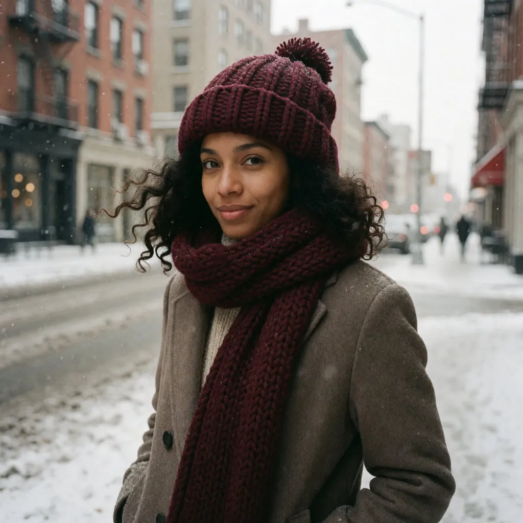 Joven mestiza con un gorro oversize de lana merino con pompón en una calle invernal