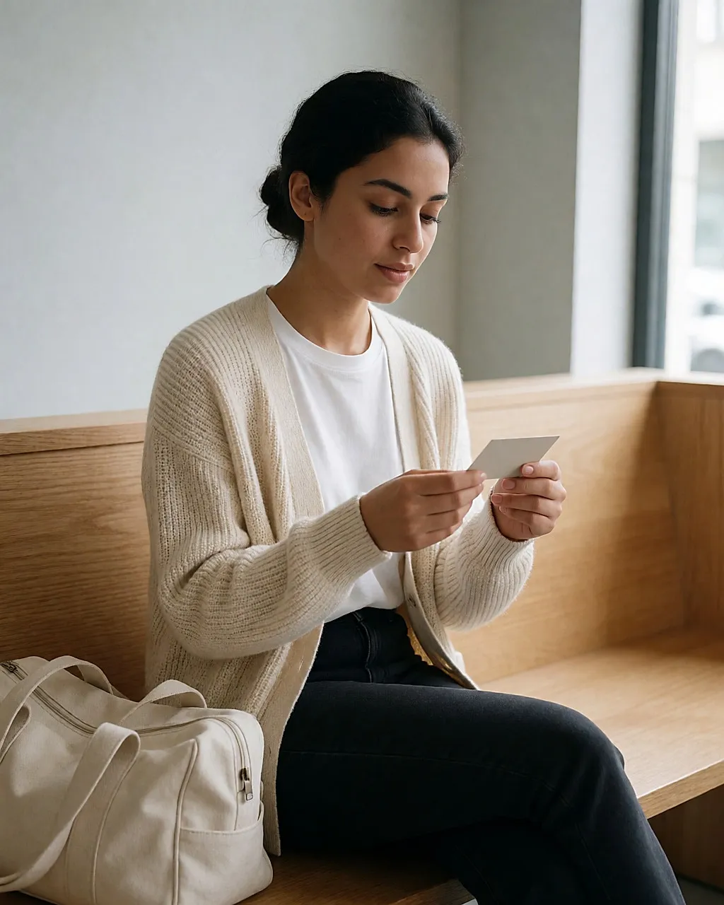 Mujer joven sentada en un banco en la entrada de un gimnasio, con un documento en blanco entre las manos