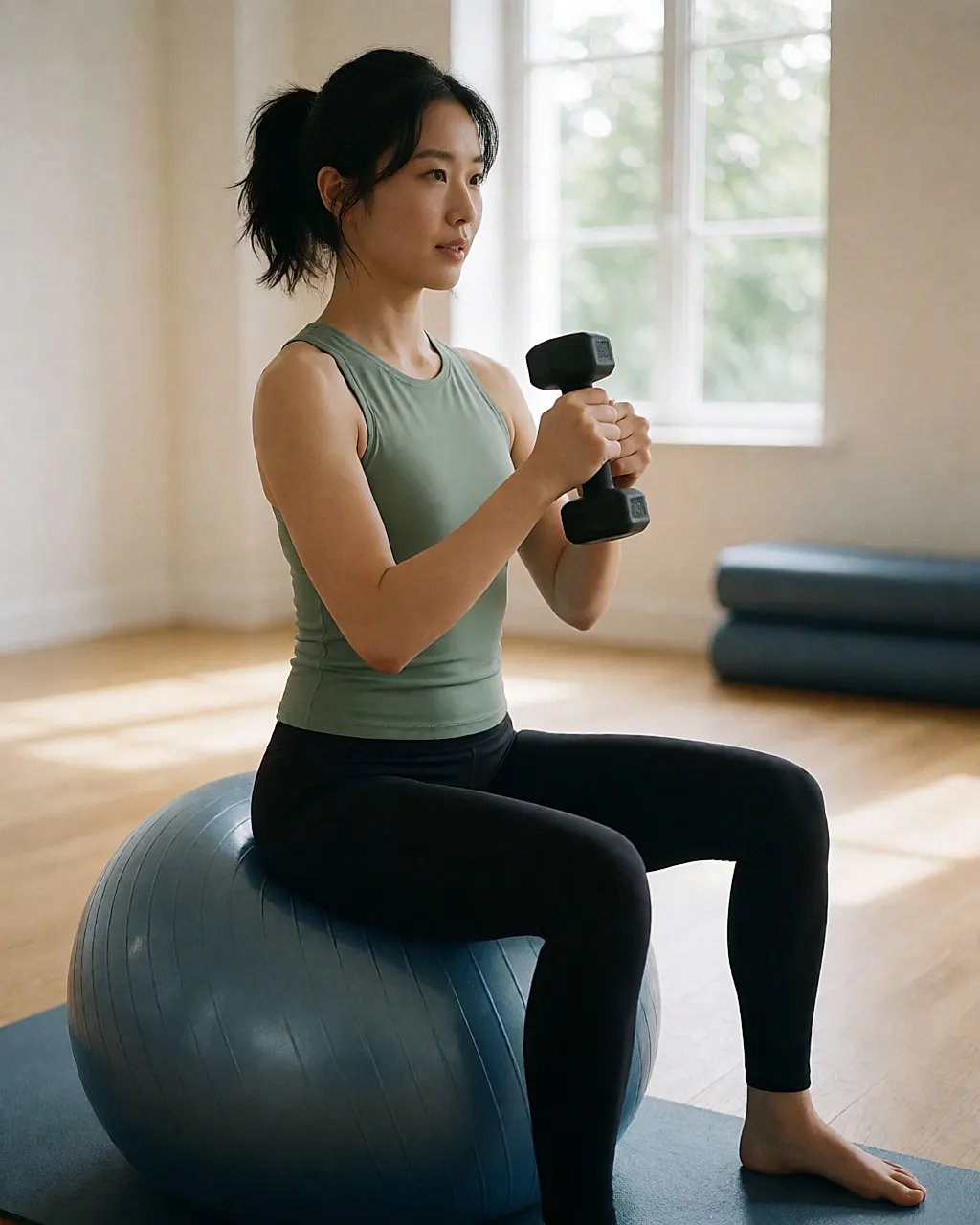 Mujer joven sentada sobre un balón de fitness haciendo un ejercicio de core con una mancuerna ligera en un estudio luminoso