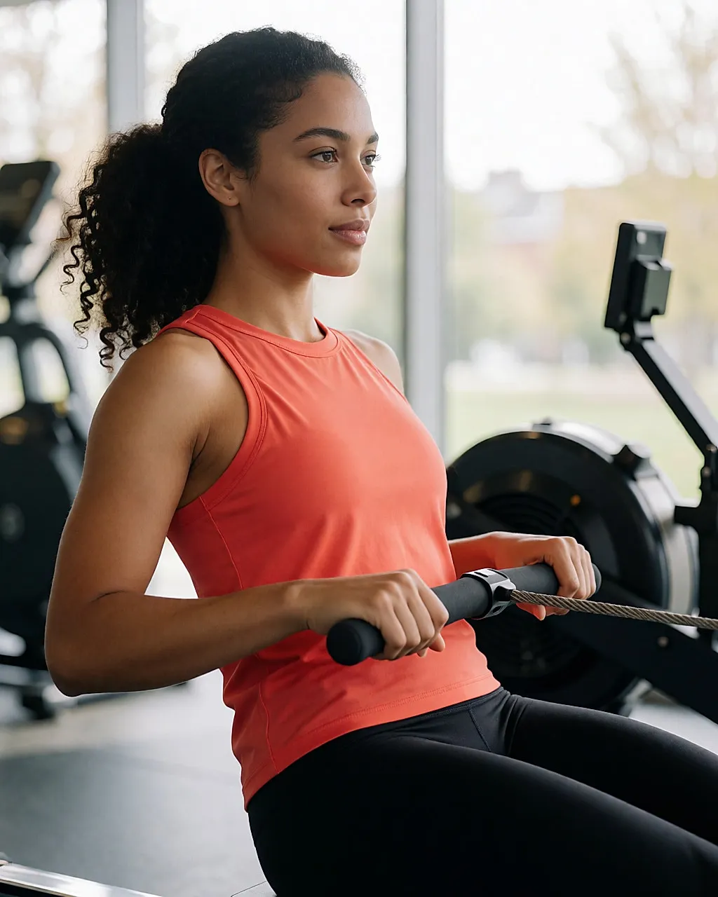 Mujer joven en una máquina de remo dentro de un gimnasio luminoso, en plena sesión de resistencia