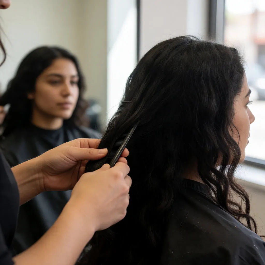 Junge Latina sitzt vor dem Spiegel, der Friseur beurteilt Haardichte und Fall der Haare