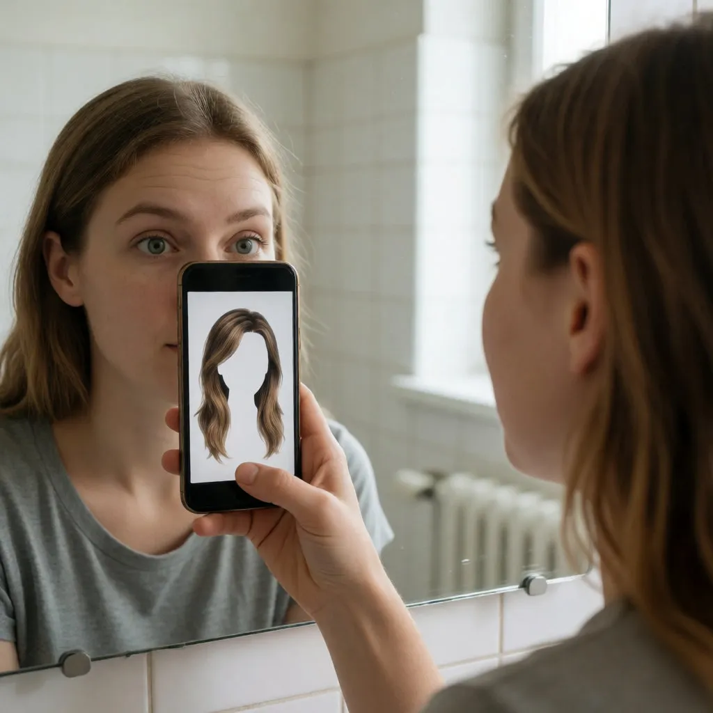 Junge Frau testet vor dem Spiegel eine Frisur-Simulation in Augmented Reality