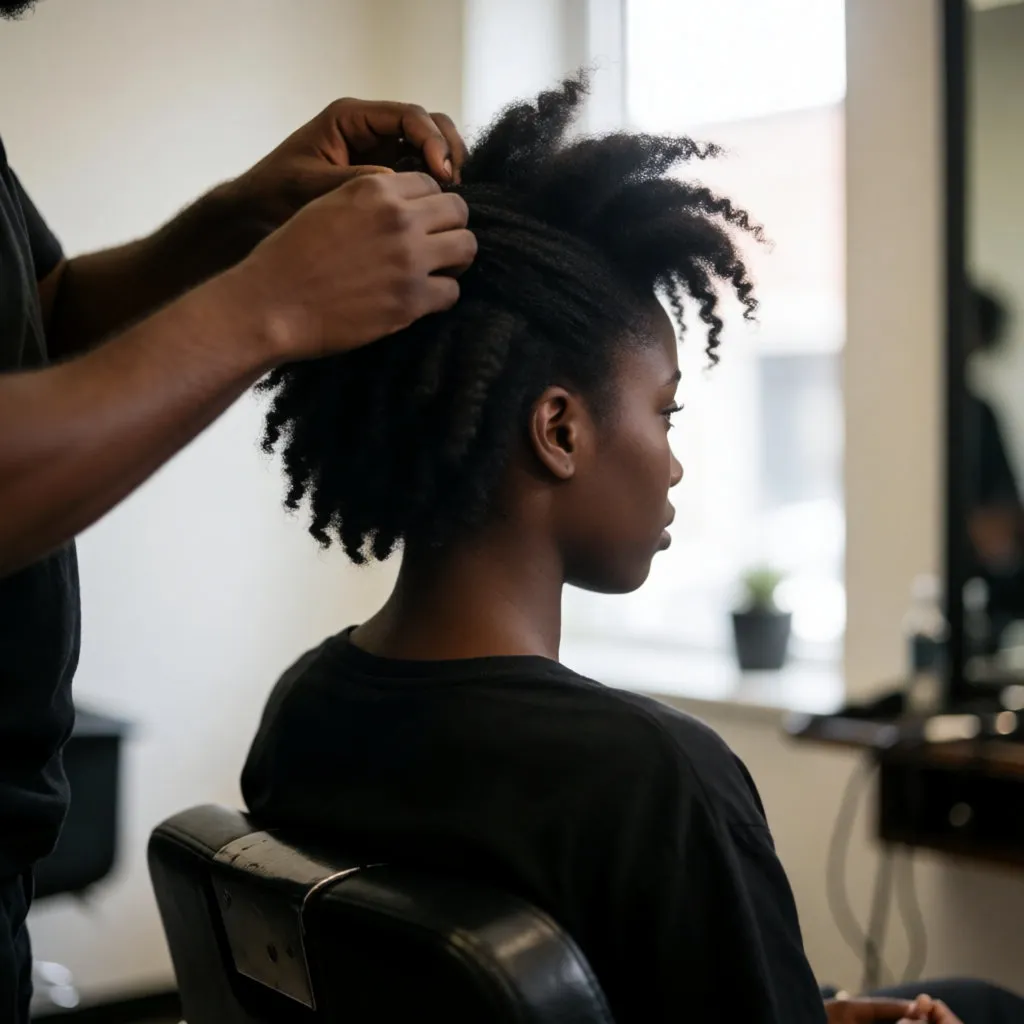 Junge Schwarze Frau im Salon, der Friseur zeichnet Volumen am Oberkopf nach