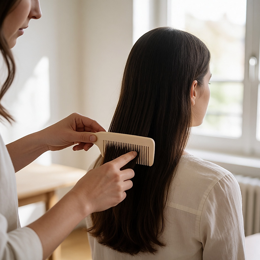 Hände einer angehenden Friseurin, die mit dem Kamm eine lange Haarlänge abteilt