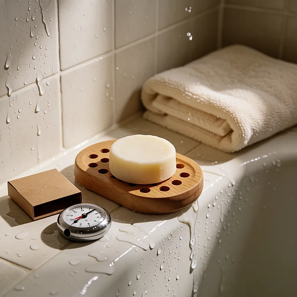 Barre de démêlant solide sur un égouttoir en bois, emballage carton et minuteur dans une salle de bain