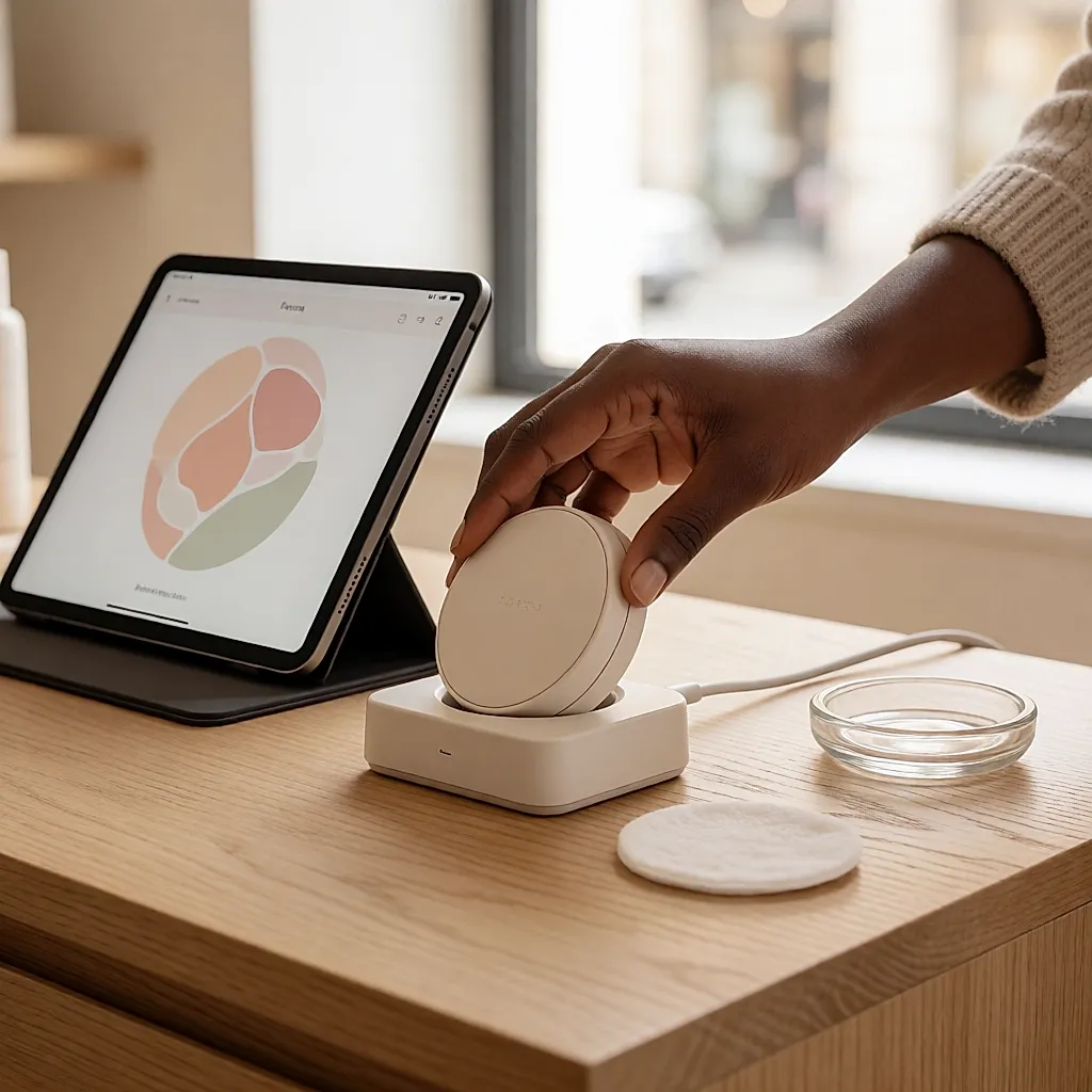Une main noire installe la caméra d’analyse sur son socle, devant une tablette de diagnostic