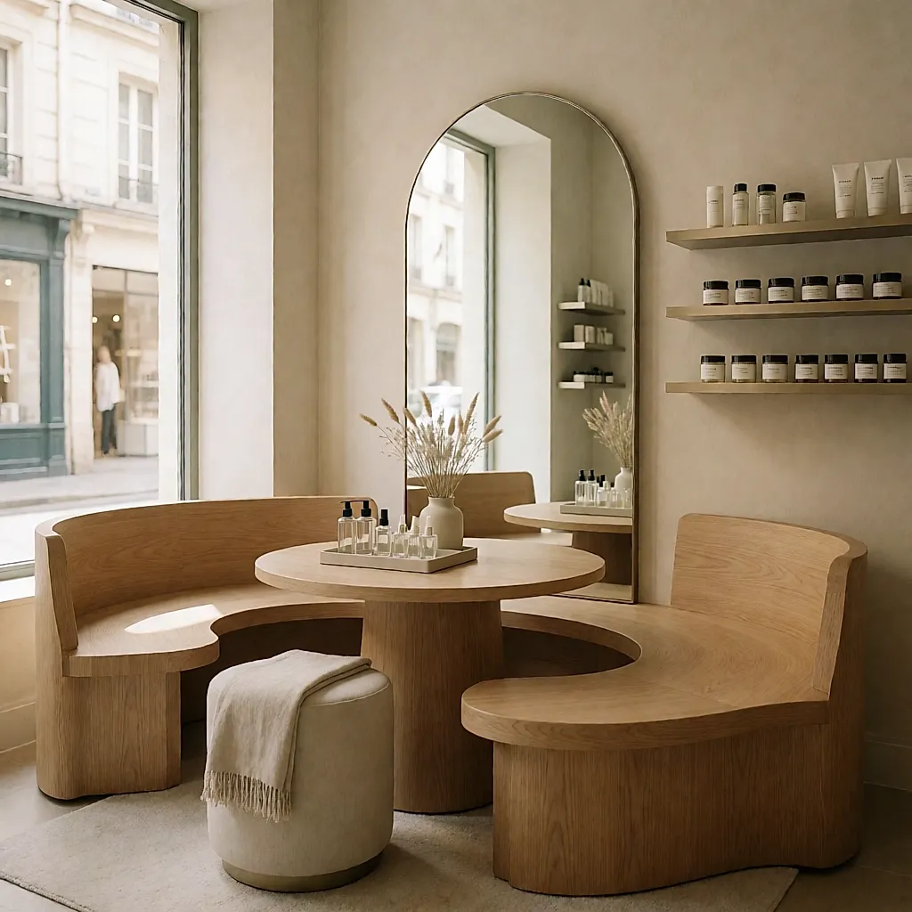 Un espace de conseil assis, avec banquette, miroir et lumière naturelle, dans une parfumerie