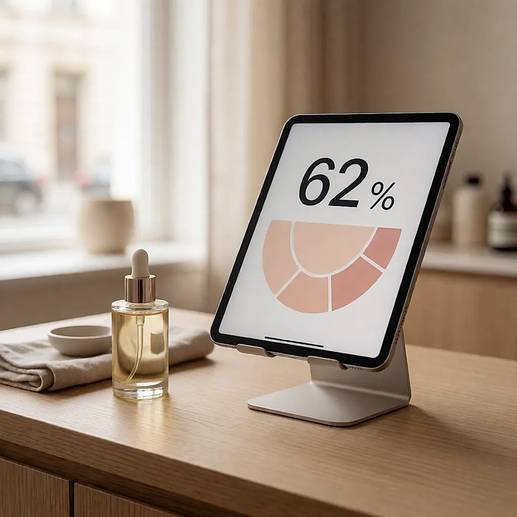Un écran affiche un score de 62 % au-dessus d’un schéma de zones cutanées