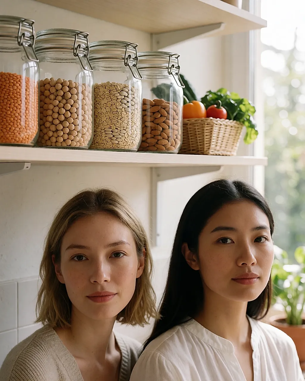 Des bocaux de lentilles, pois chiches et oléagineux rangés sur une étagère de cuisine