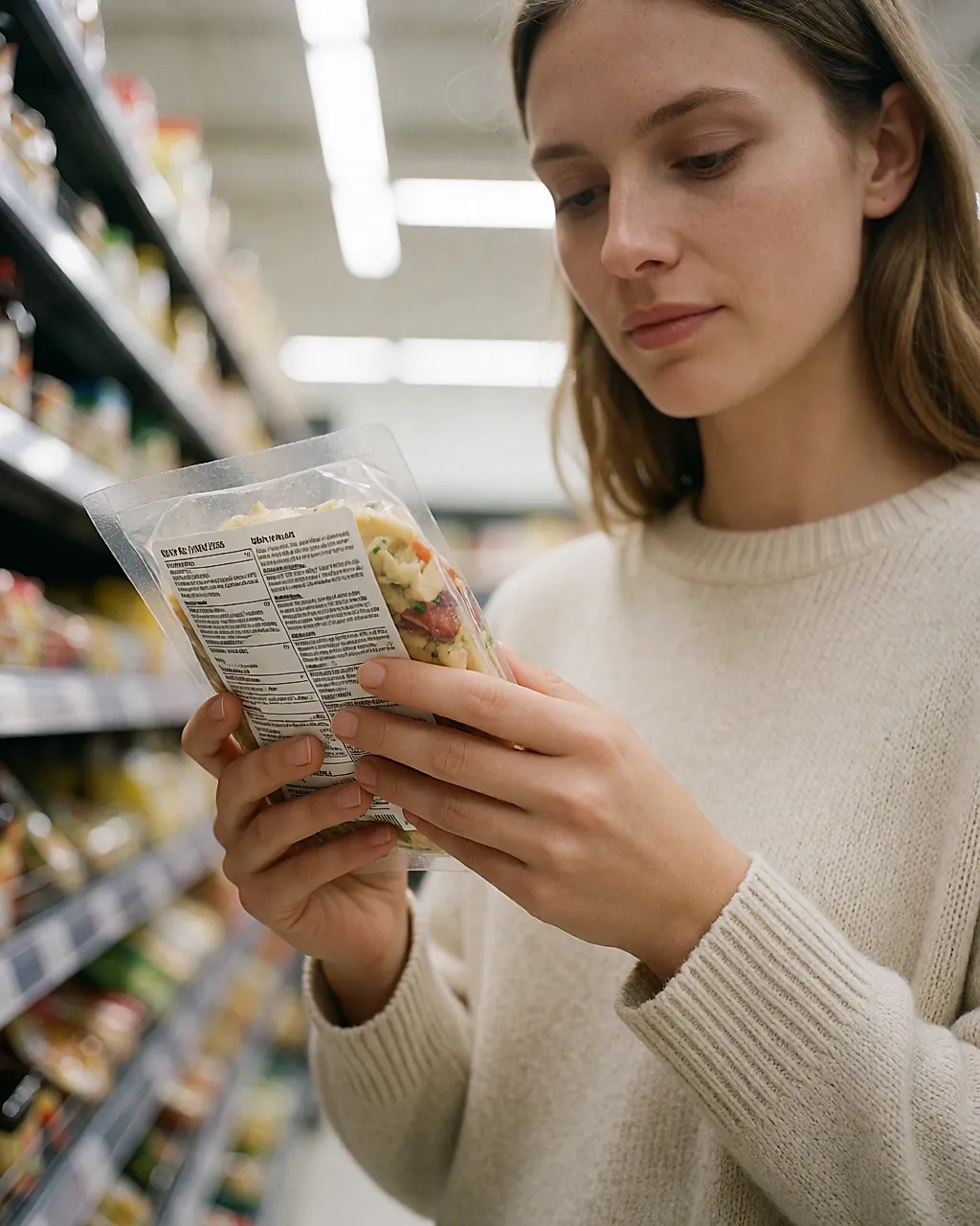 Une cliente lit la liste d'ingrédients d'un produit au rayon d'un supermarché