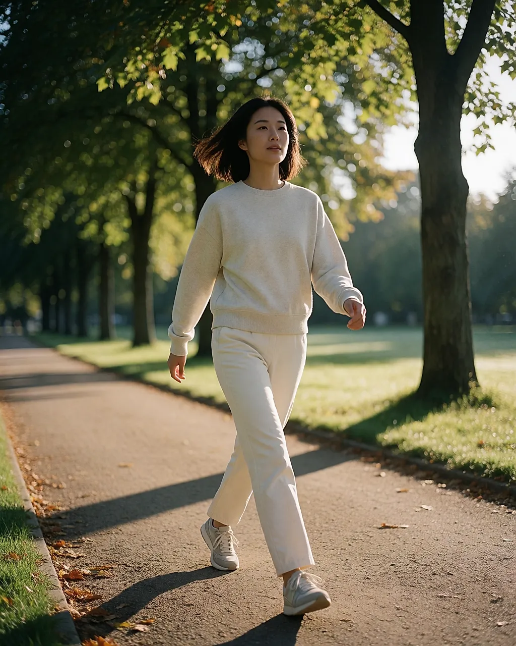 Une jeune femme marche d'un pas vif sur l'allée d'un parc au petit matin