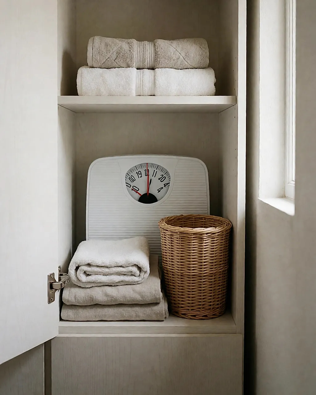 Une balance de salle de bain rangée au fond d'un placard, derrière du linge plié