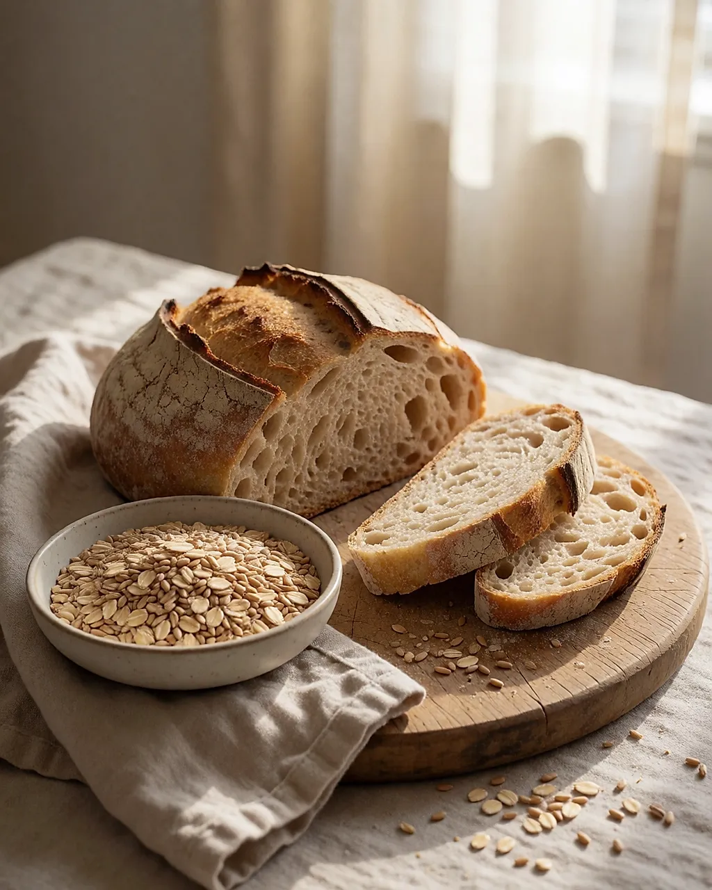 Un pain de campagne tranché et des céréales en grains sur une planche
