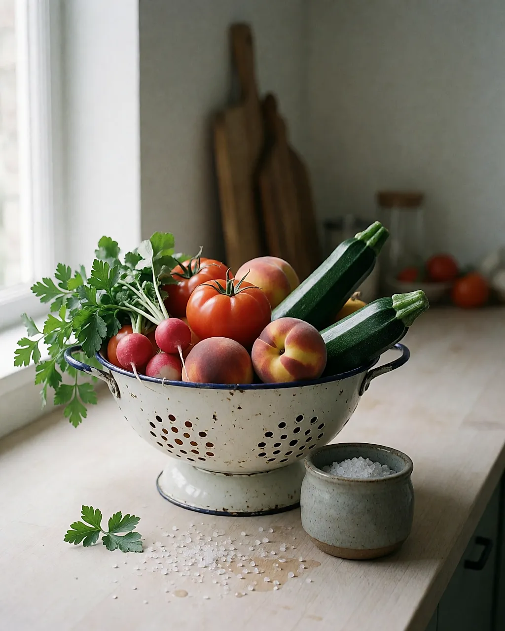 Des fruits et légumes frais rincés dans une passoire, près d'un pot de sel
