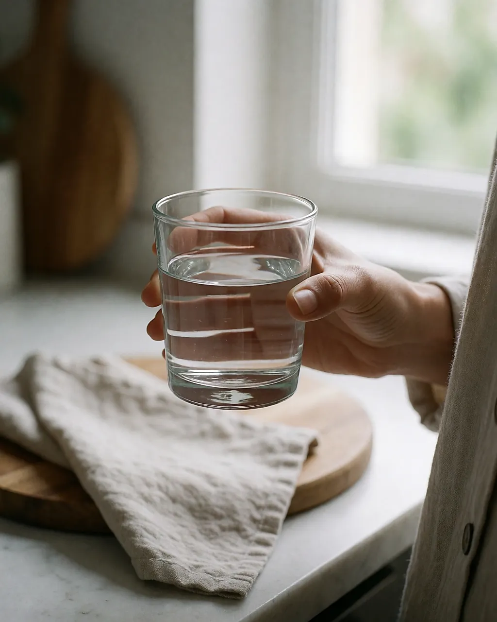 Une main tient un verre d'eau fraîche sur un plan de travail de cuisine