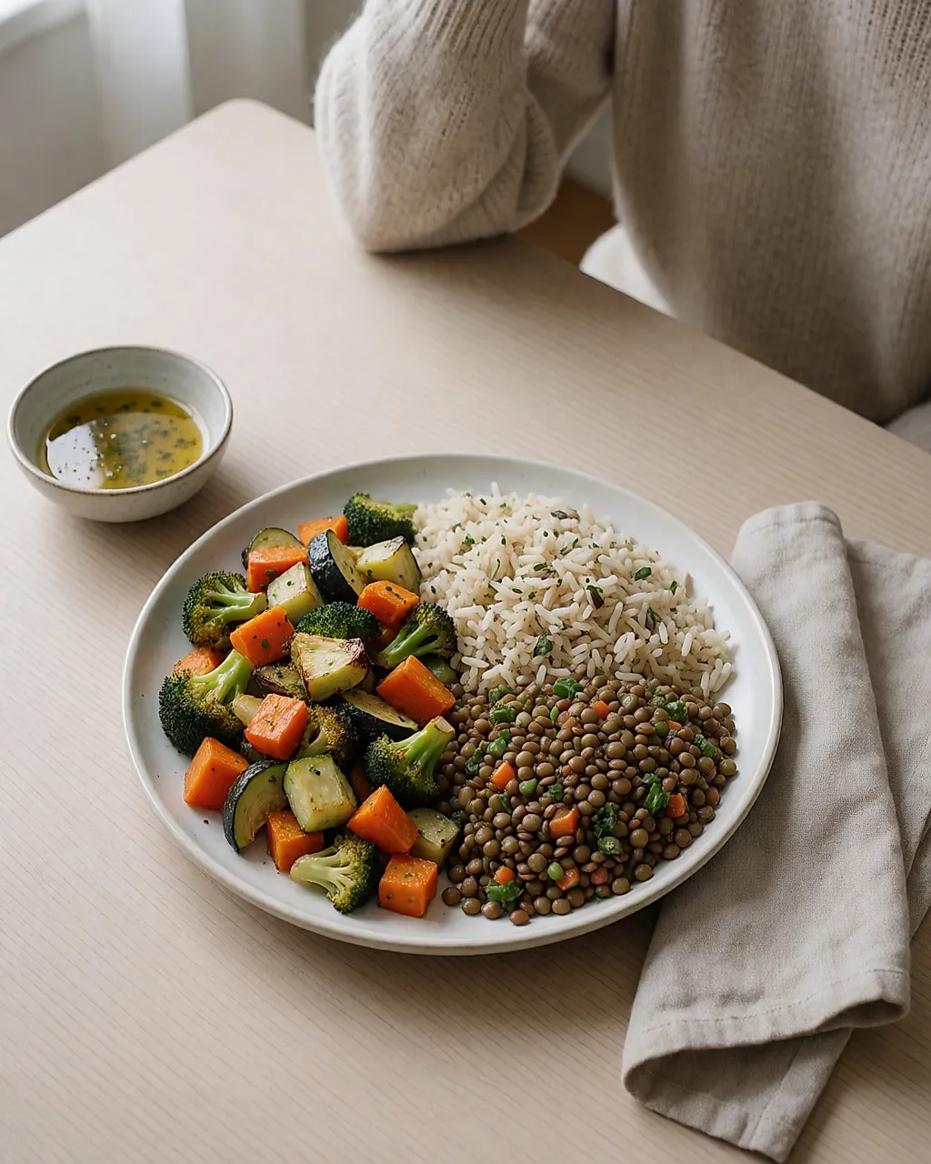 Une assiette équilibrée : légumes, riz semi-complet et salade de lentilles