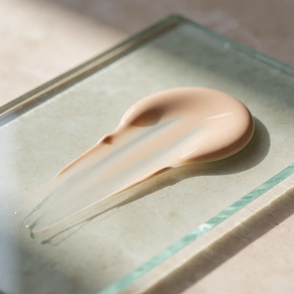 Texture d'un fluide teinté étalé en voile translucide sur une plaque de verre