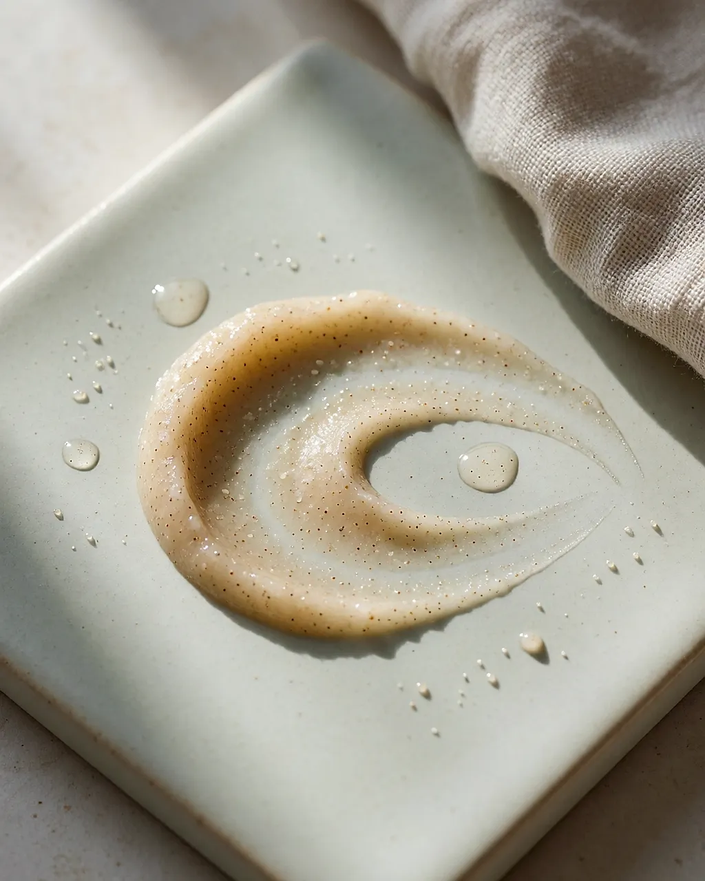 A fine-grained scrub spread on matte ceramic, a few grains scattered