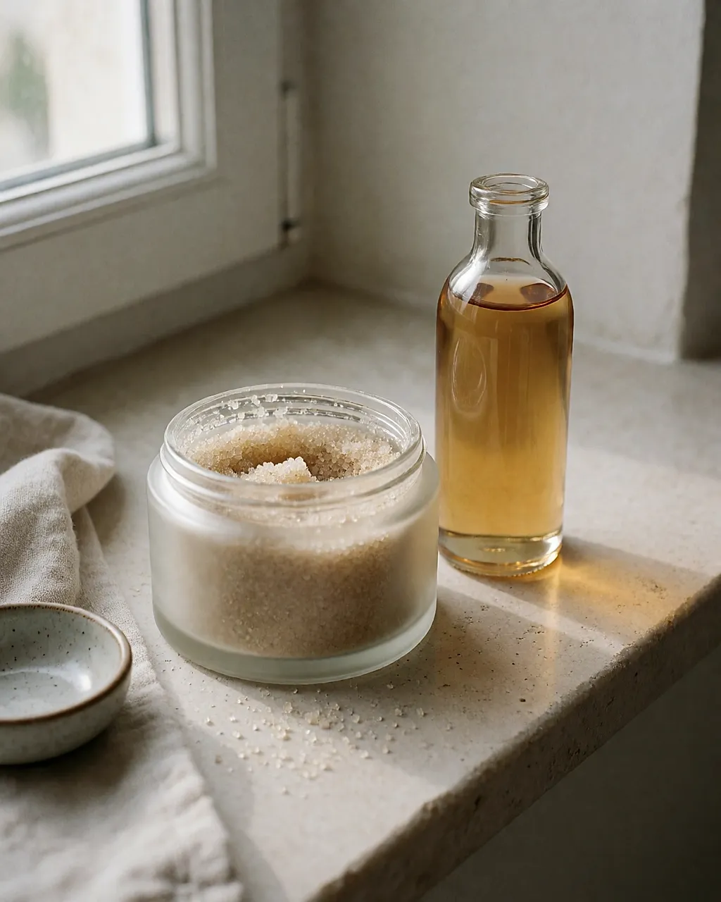 A grainy scrub and a bottle of gentle acid on a stone shelf