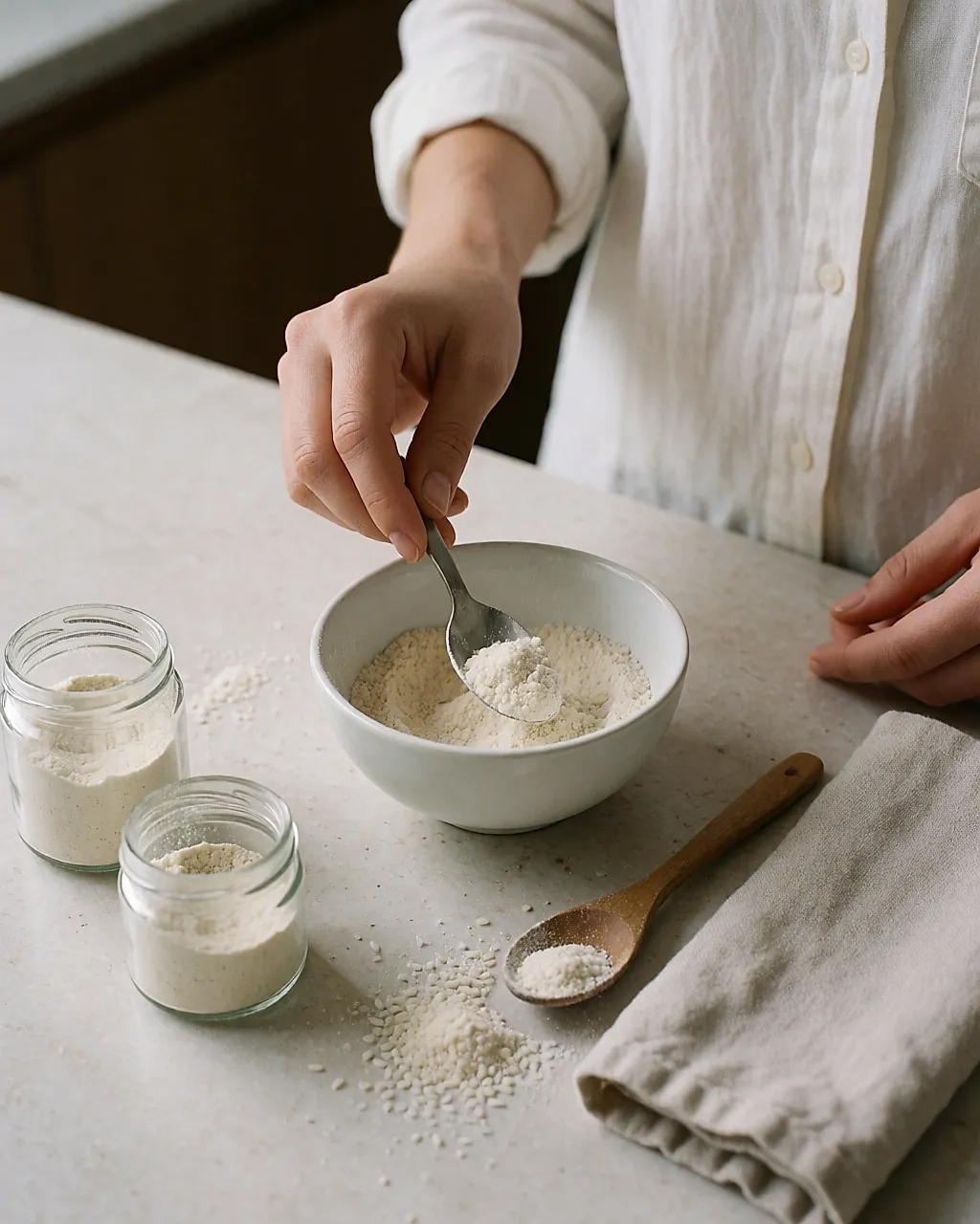 Pó de arroz misturado com água tépida numa pequena tigela de cerâmica