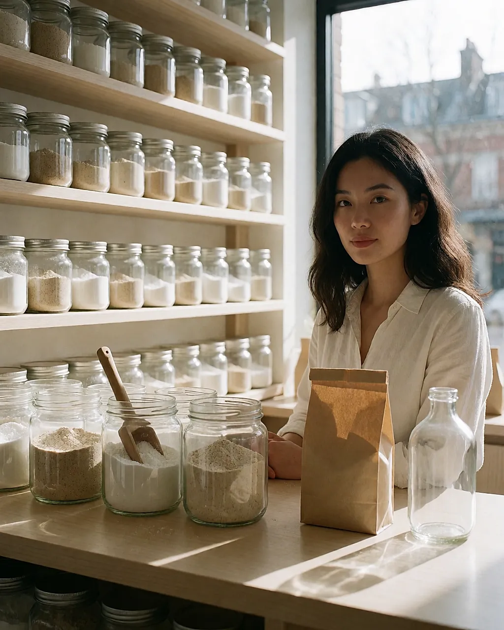 Loose exfoliating powders in glass jars, with a wooden spoon