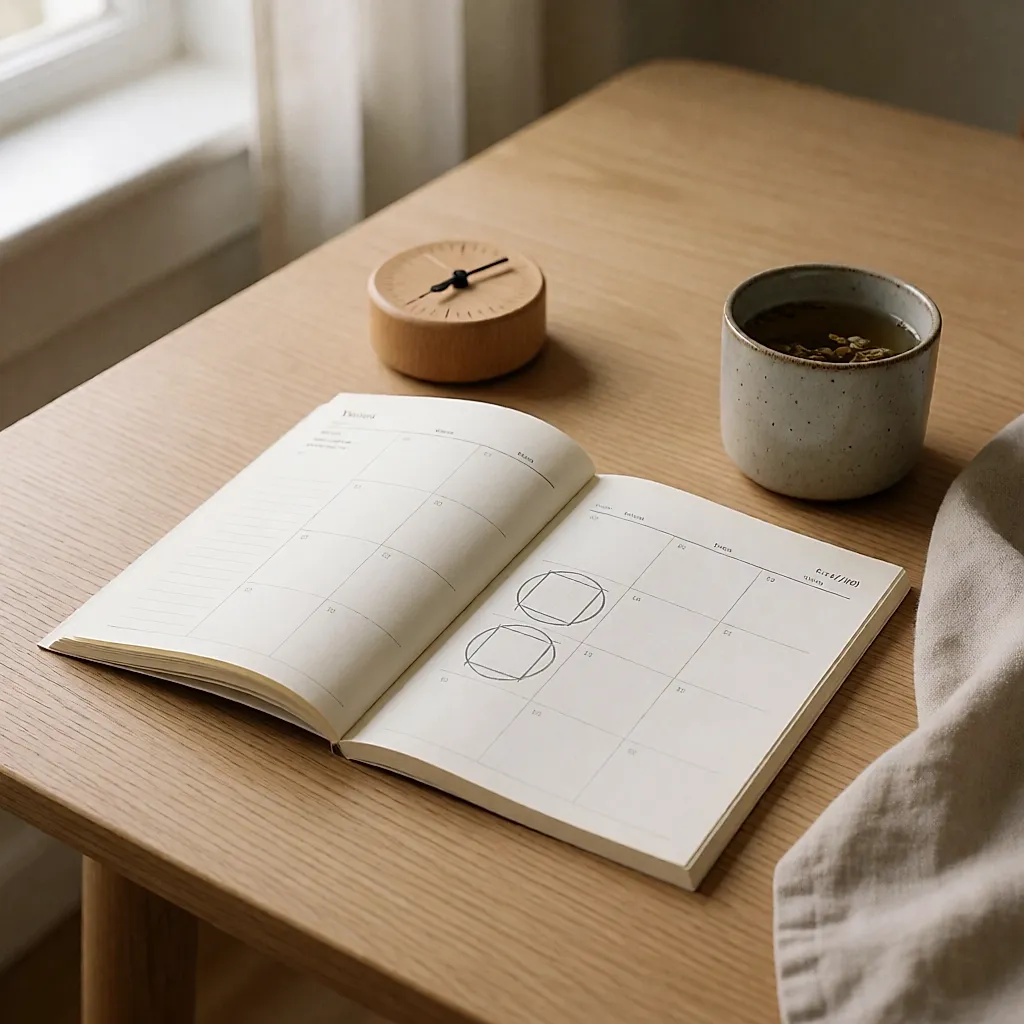 Un agenda ouvert avec deux soirs entourés au crayon, à côté d'un minuteur de cuisine