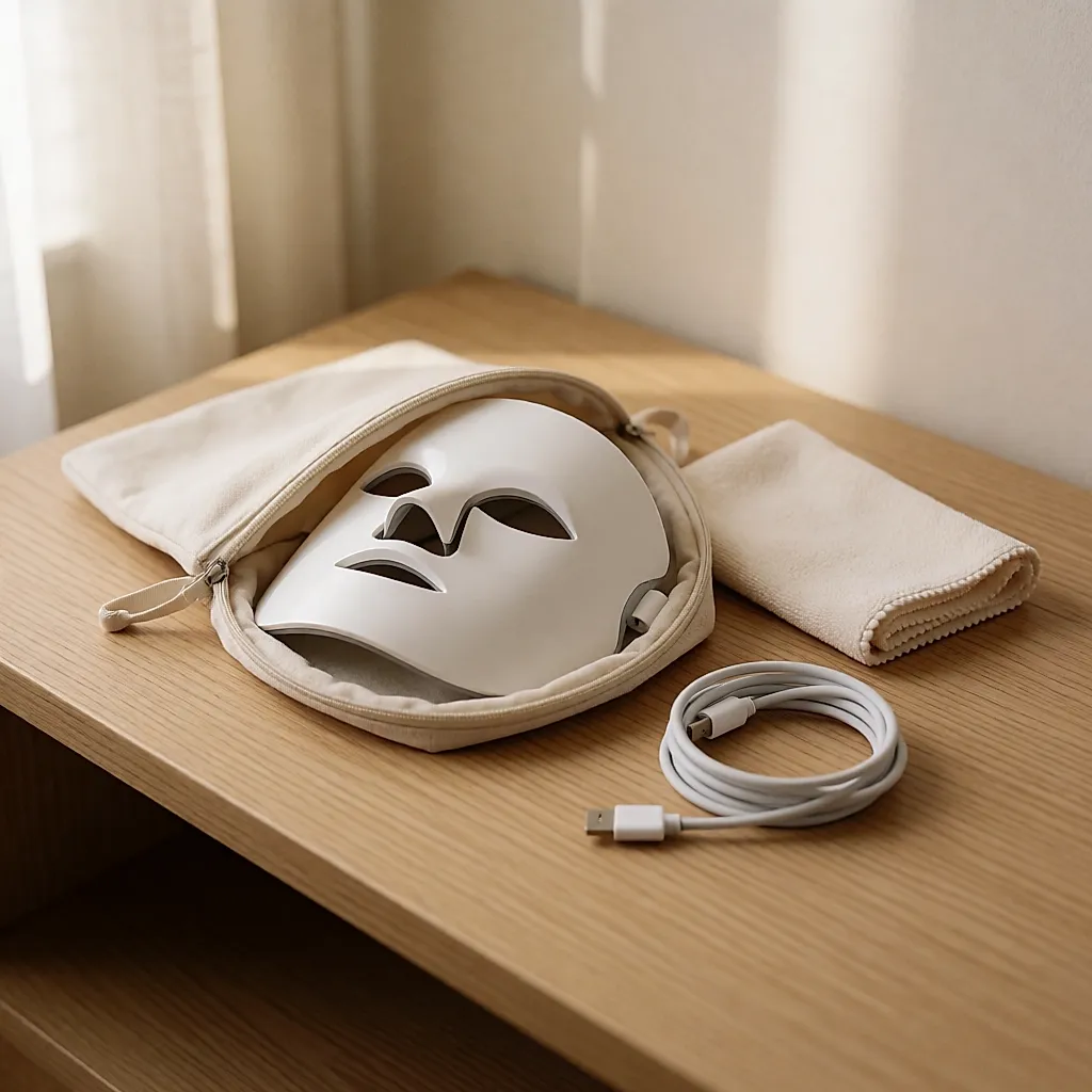 Un masque LED blanc rangé dans sa pochette avec son chiffon et son câble de charge