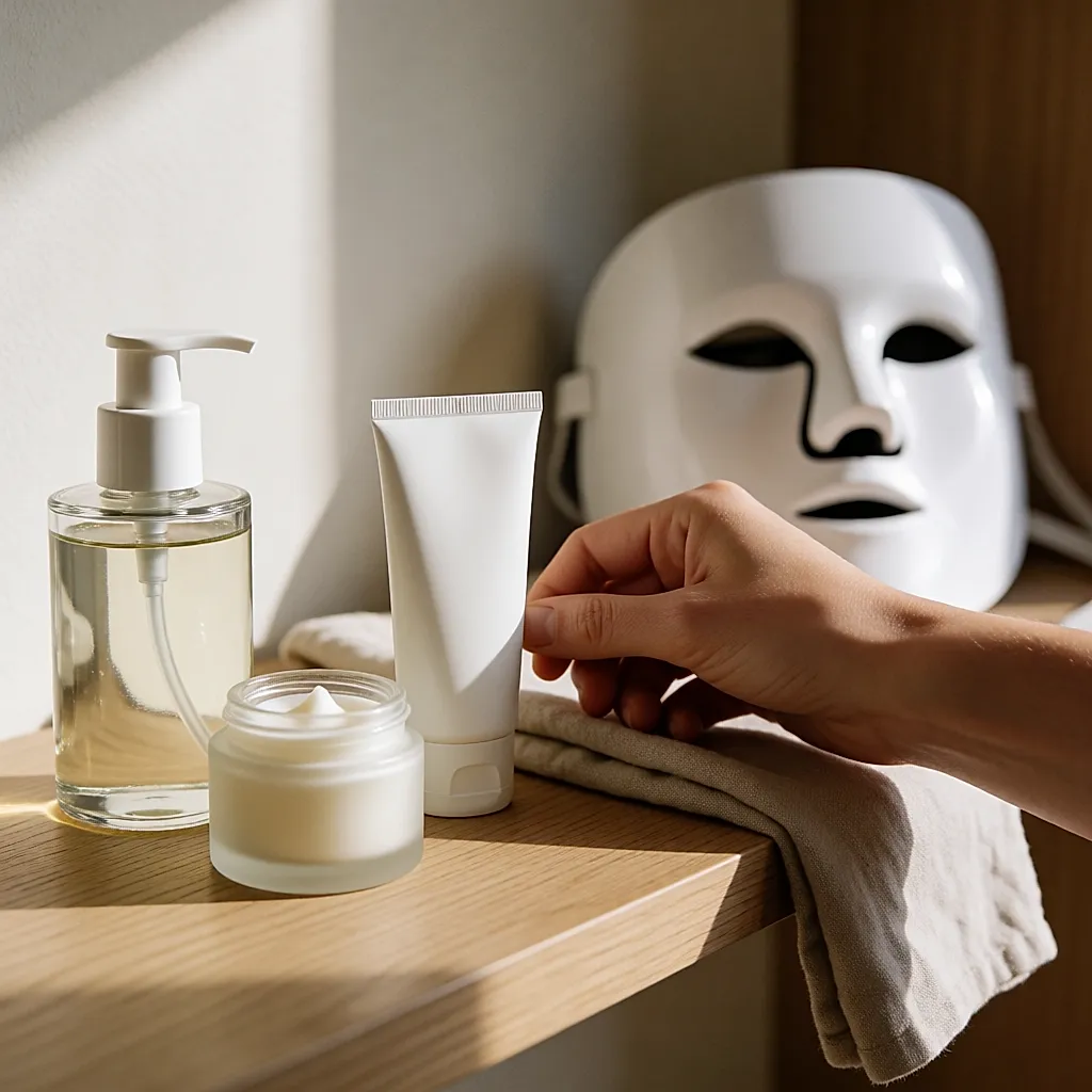Trois soins essentiels alignés sur une étagère, avec le masque LED posé en retrait