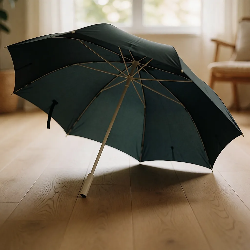 Le dessous d'un parapluie ouvert, ses baleines en fibre de verre rayonnant autour de la tige