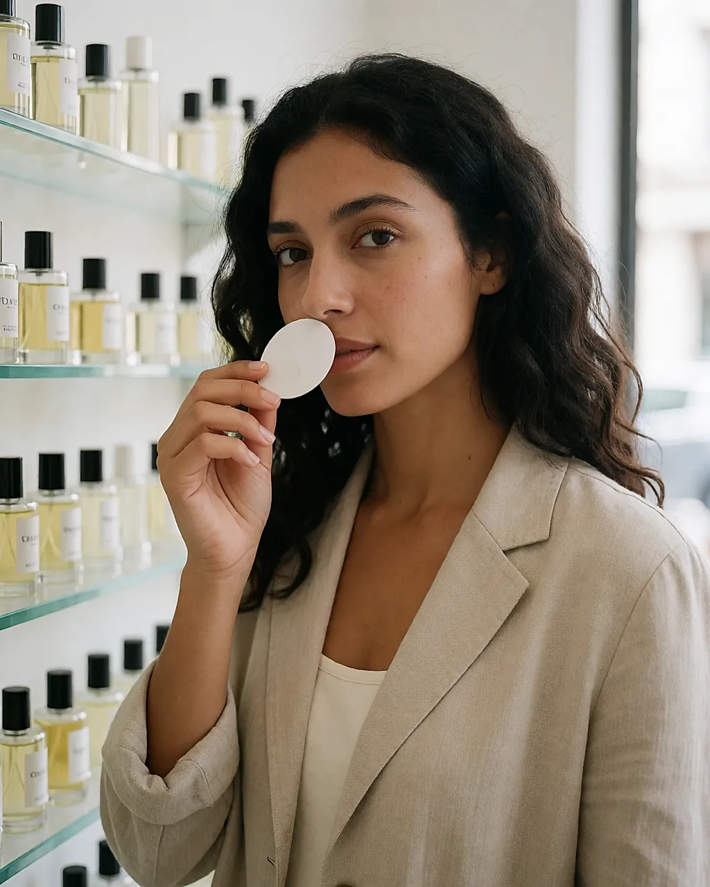 Una joven huele una tira de papel en una perfumería luminosa