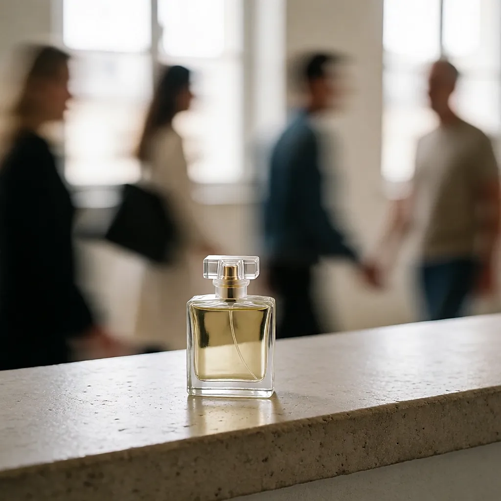 Un frasco de perfume sobre el borde de una piedra, transeúntes desenfocados al fondo