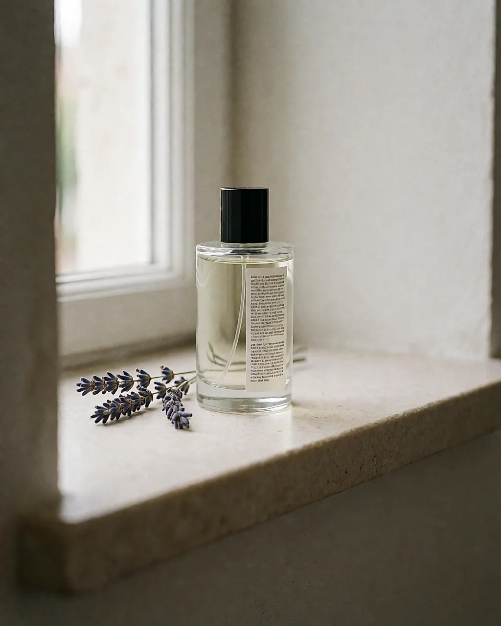 Un frasco de perfume recargable de cristal, sobrio, en un estante de piedra