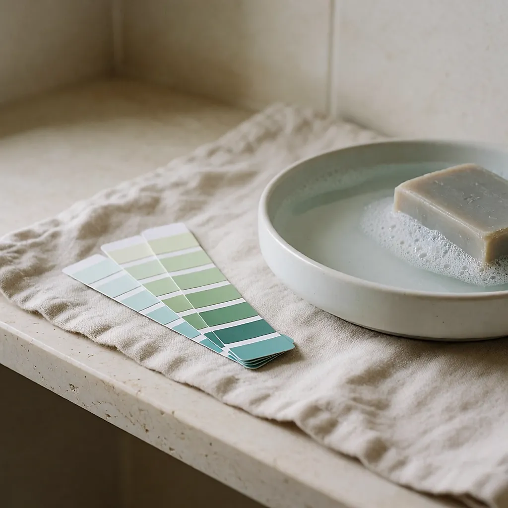 Bandes de pH test posées près d'une coupelle d'eau savonneuse et d'un savon artisanal