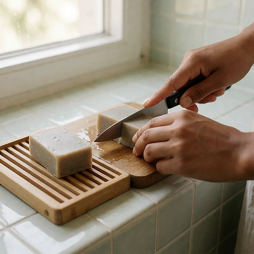 Mains coupant un pain de savon en deux sur une planche en bois, près d'un égouttoir