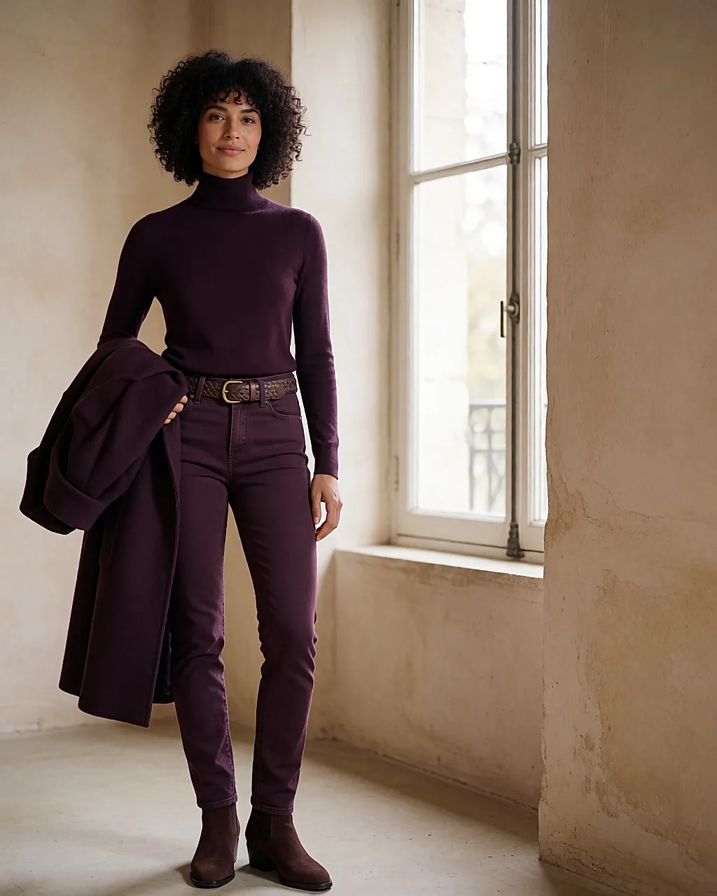 Getragener auberginefarbener Total Look: matte Strickware, Denim und Wildleder im selben Ton