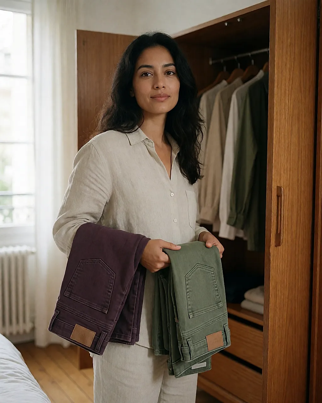 Zwei gefaltete farbige Slim-Jeans vor einem offenen Kleiderschrank