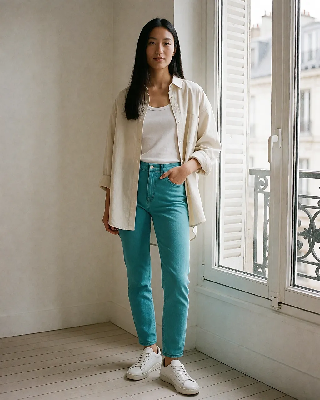 Eine türkisfarbene Slim-Jeans mit Oversize-Hemd in einer hellen Wohnung
