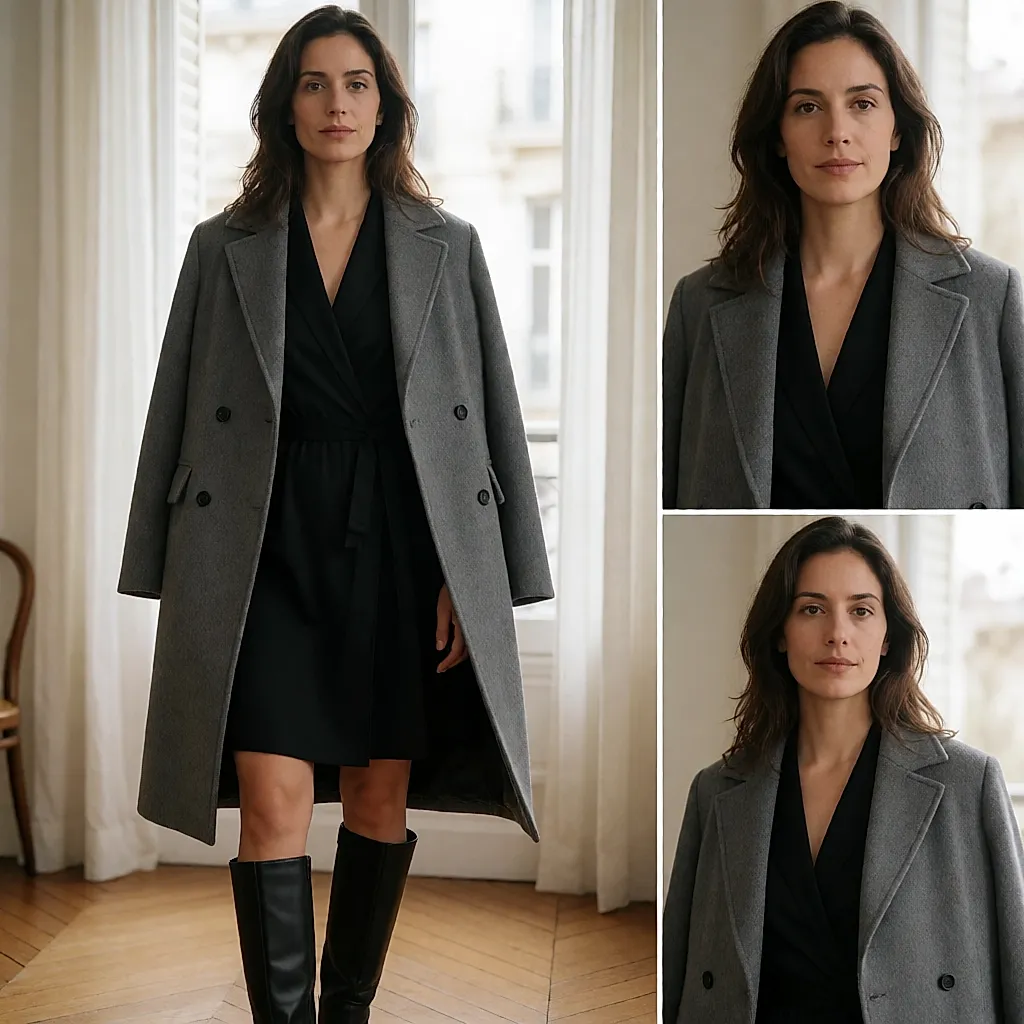 Von hinten: eine pflaumenfarbene Slim-Jeans in Boots unter einem grauen Mantel