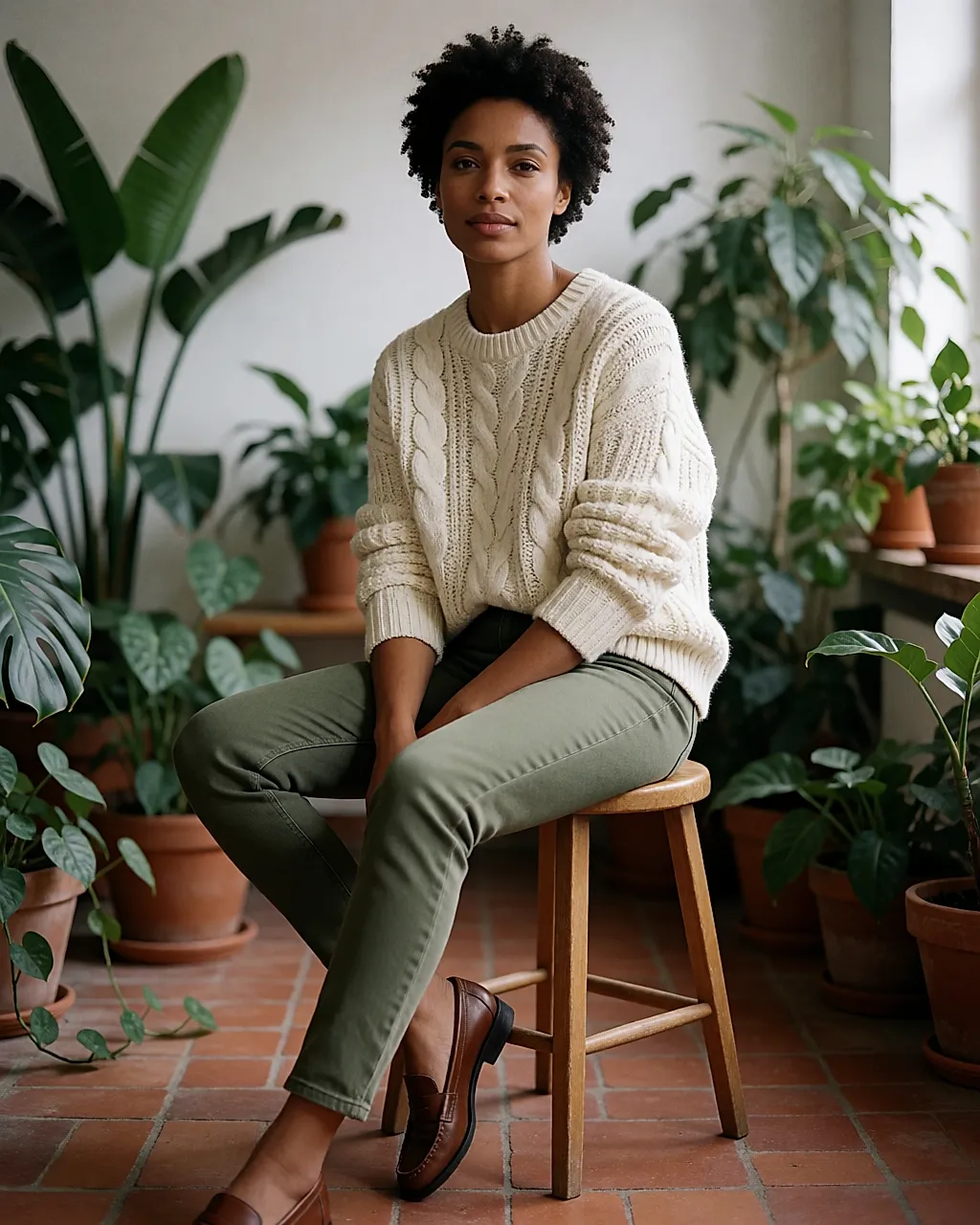 Eine olivgrüne Slim-Jeans mit cremefarbenem Strick, auf einem Hocker sitzend