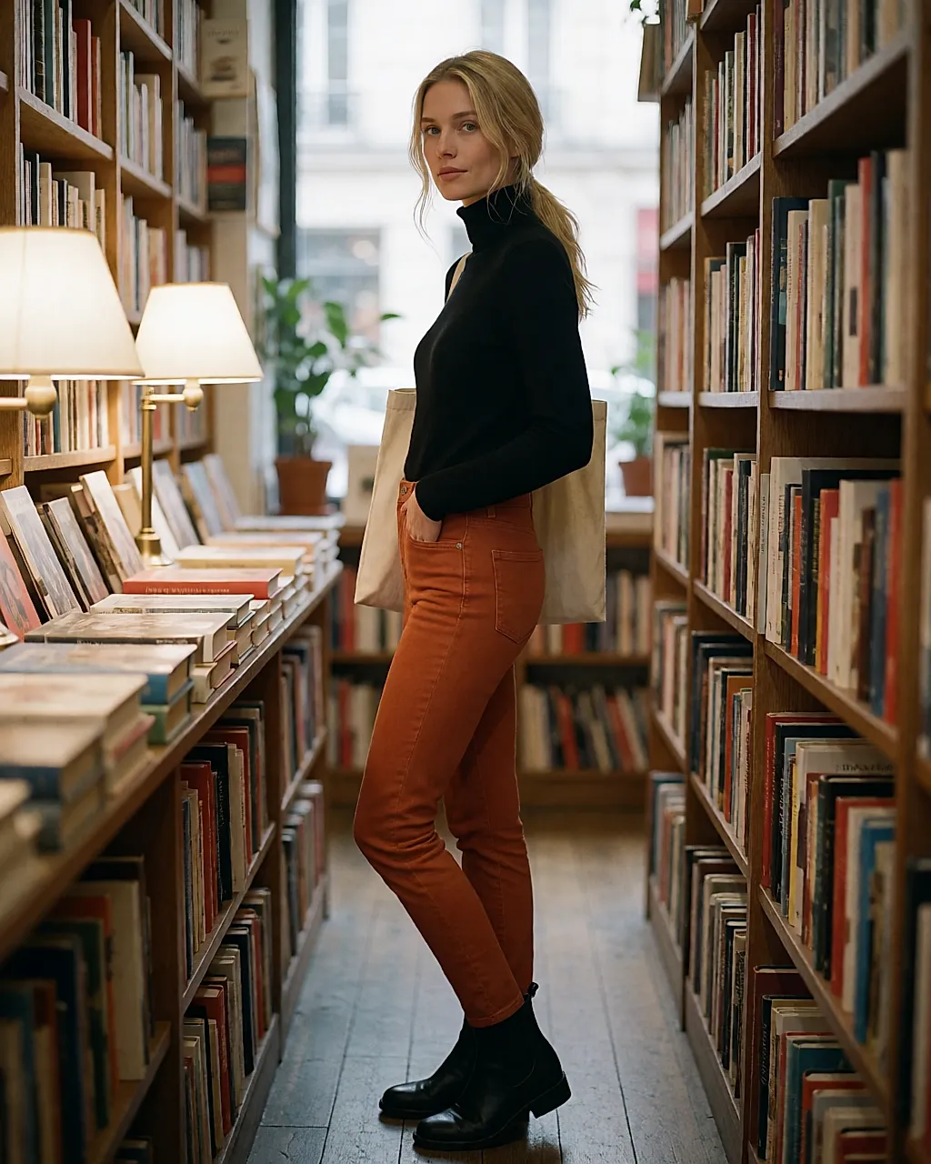 Eine rostfarbene Slim-Jeans mit schwarzem Rollkragenpullover zwischen zwei Regalen