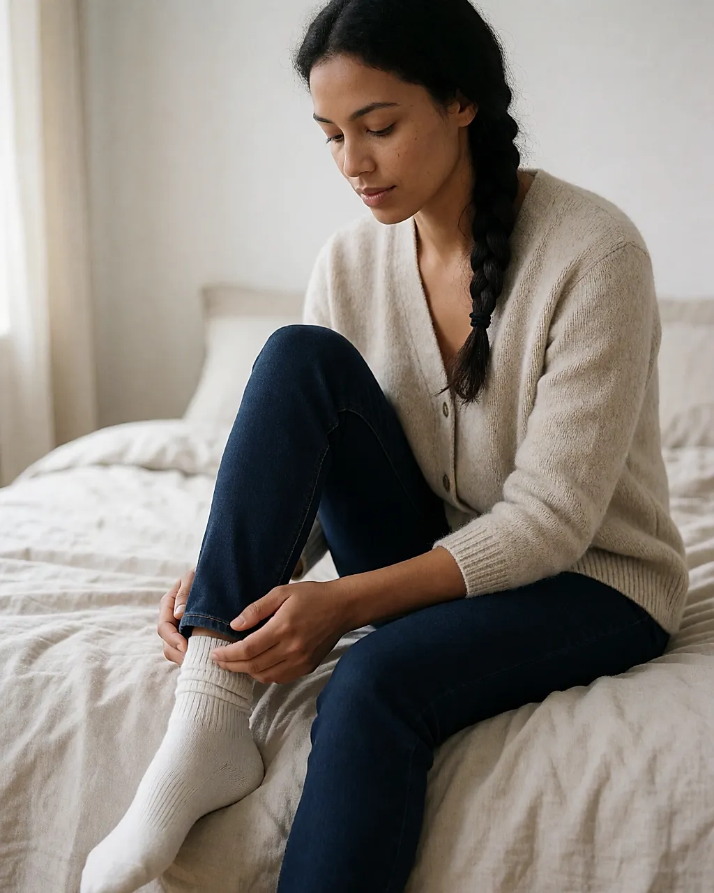Sitzend streicht eine Frau das Knie ihrer marineblauen Slim-Jeans auf einem Bett glatt