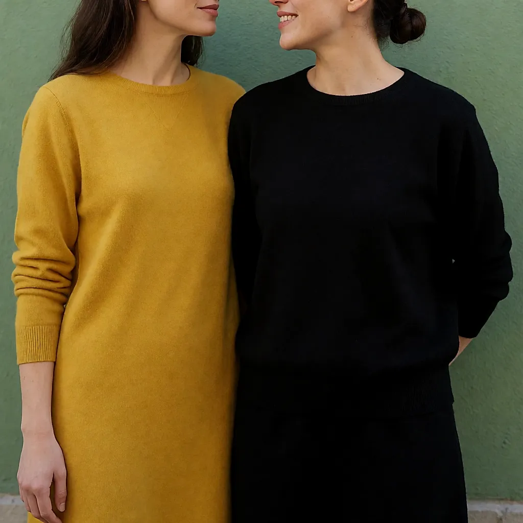Eine senfgelbe Slim-Jeans mit schwarzem Pullover vor einer grünen Wand