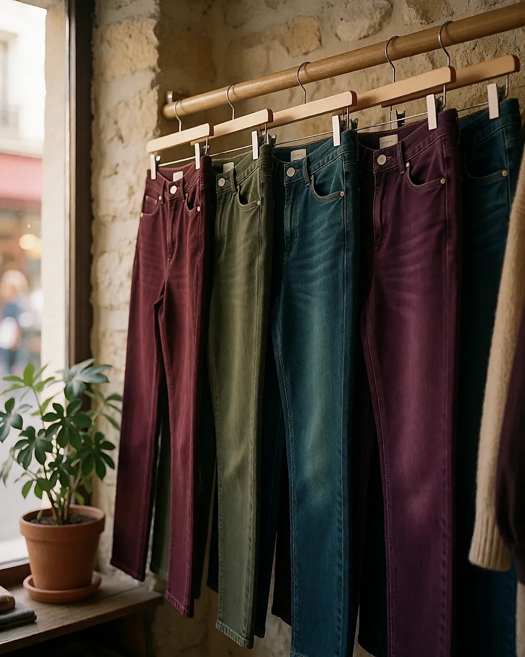 Farbige Slim-Jeans an einem Kleiderständer in einem hellen Secondhandladen