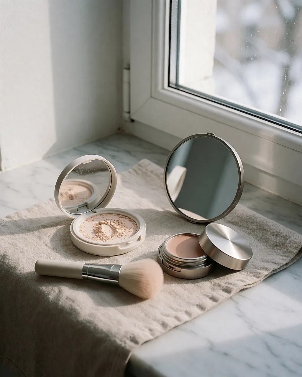 Stillleben mit Make-up-Produkten – losem Puder, Pinsel, getönter Pflege und kleinem Spiegel – auf einem hellen Tuch