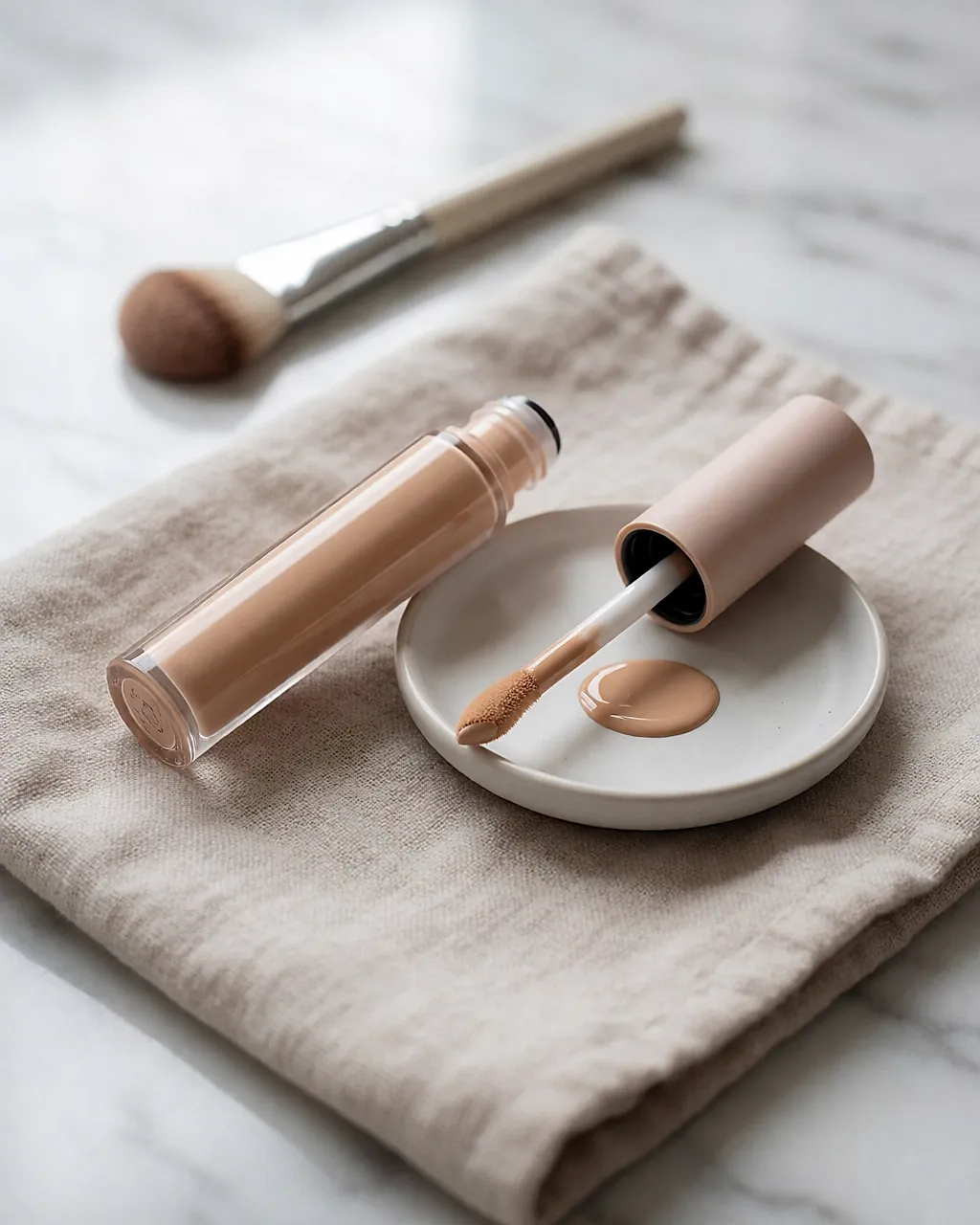 Geöffnete Tube flüssiger Concealer, Applikator herausgezogen mit einem Tropfen Produkt, auf einem Leinentuch