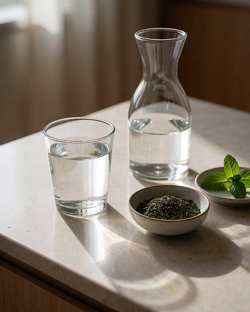 Verre et carafe d'eau plate en verre, contre-jour du matin sur un plan de travail en pierre claire