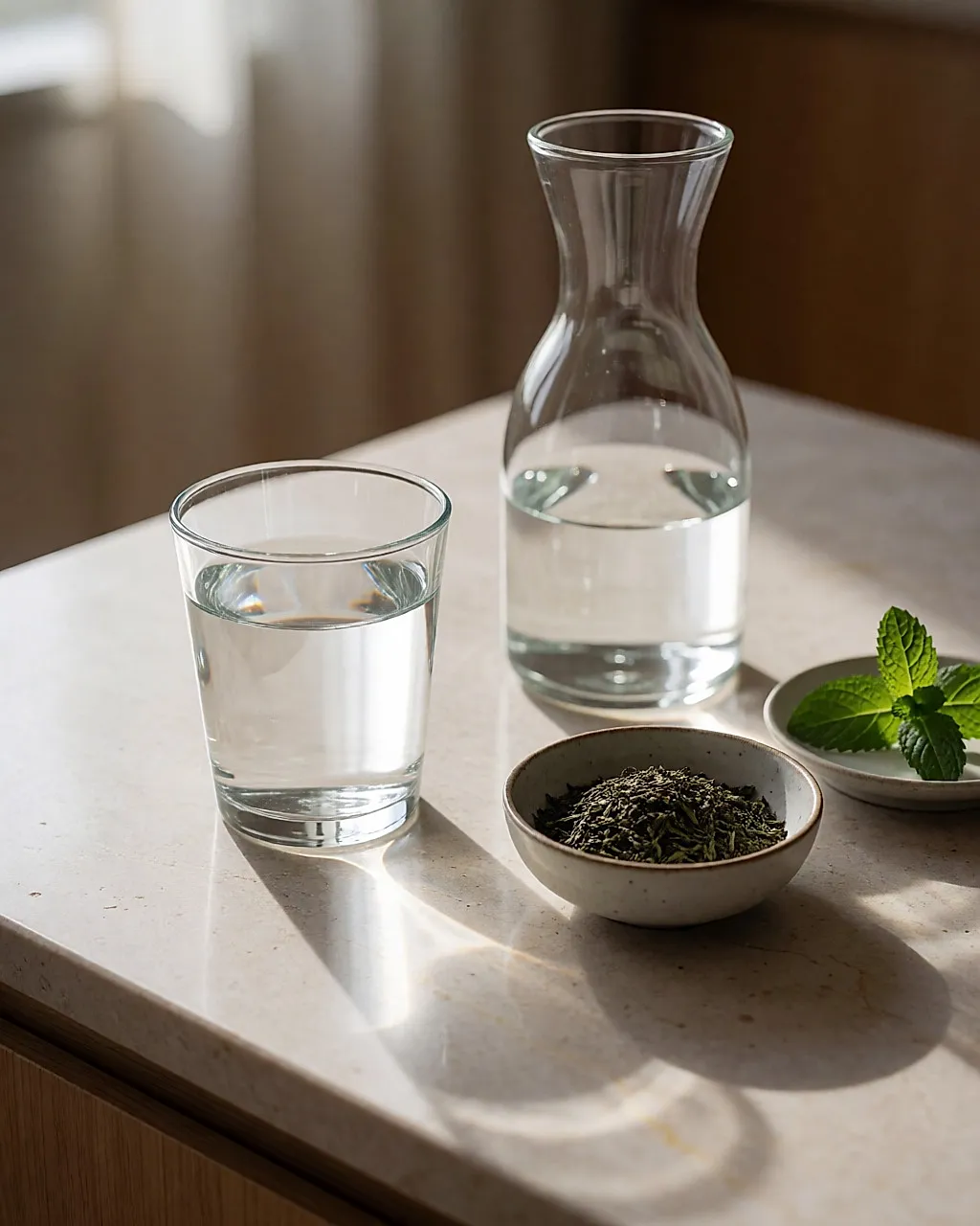 Glas und Karaffe mit stillem Wasser im Gegenlicht des Morgens auf einer hellen Arbeitsplatte aus Stein
