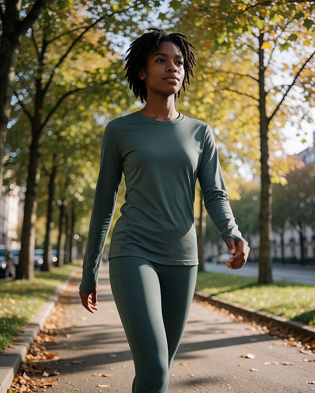 Jeune femme noire marchant d'un pas rapide sur une allée d'arbres au petit matin, tenue de sport opaque